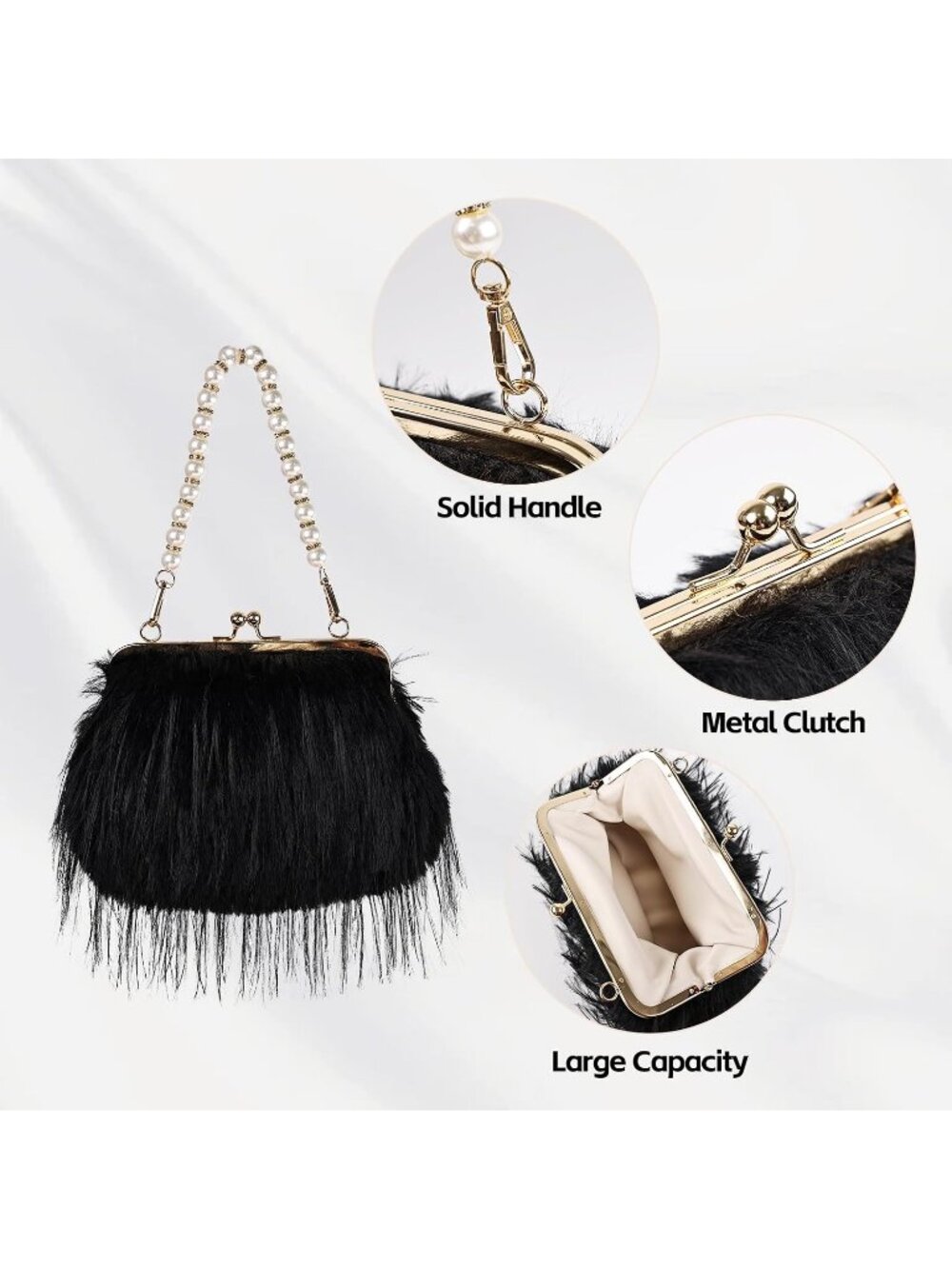 Women's Black Clutch Purses Fluffy Feather Banquet Evening Crossbody Bag - Picture 5 of 6